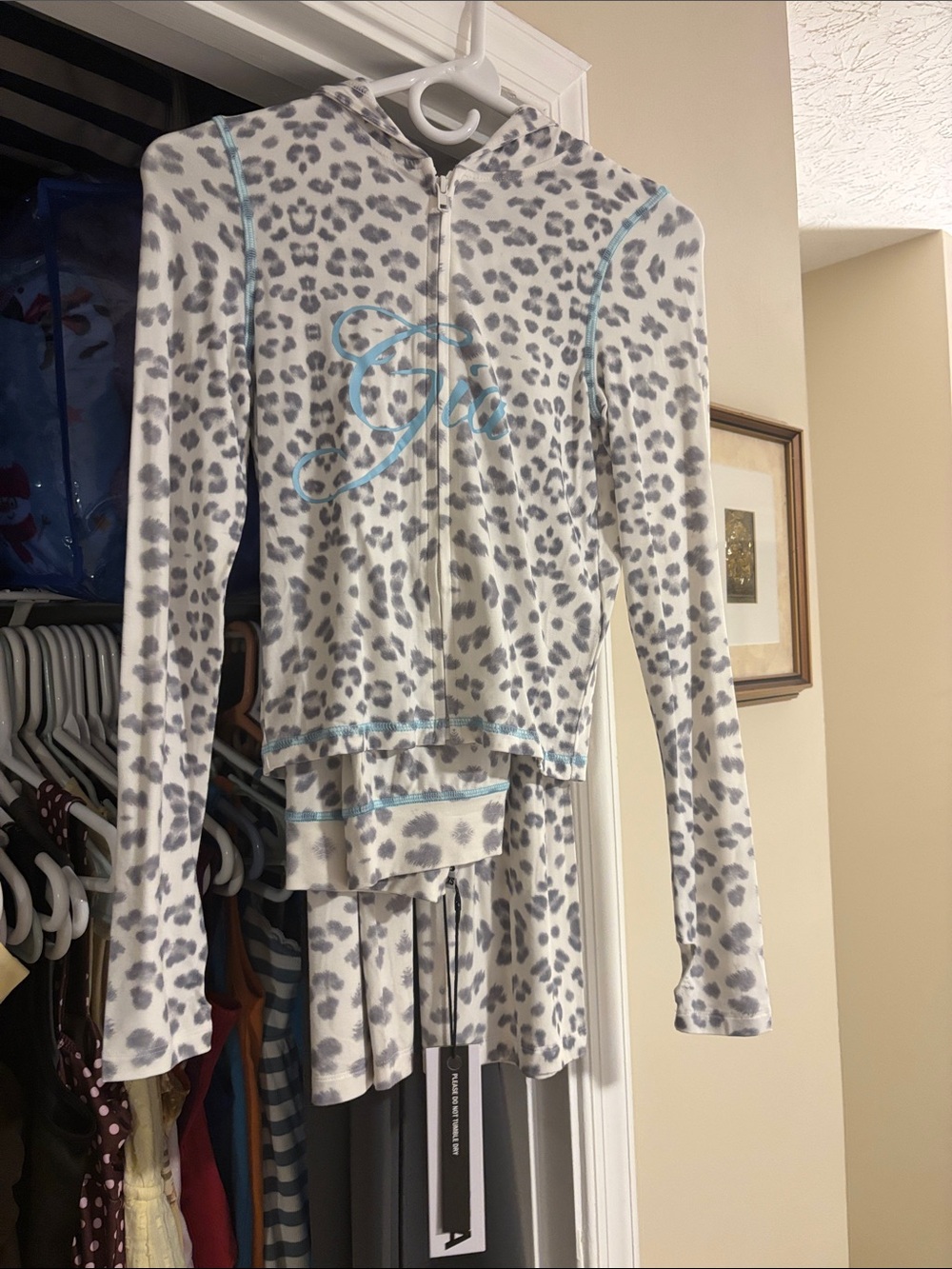 I.AM.GIA White & Gray Leopard Hooded Set with Blue Trim
